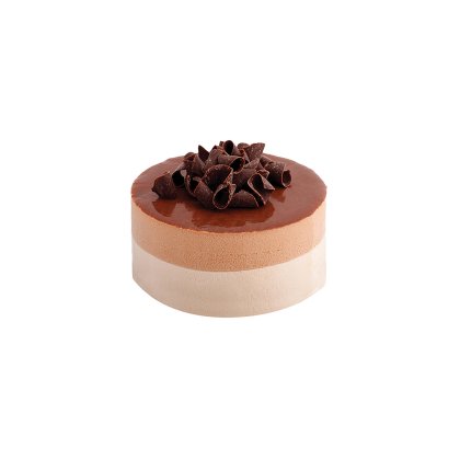 Round layered chocolate mousse cake with a glossy chocolate glaze top, garnished with dark chocolate curls, on a whit...
