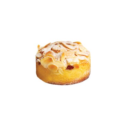 Round individual cake topped with sliced almonds and a dusting of powdered sugar, on a white background.