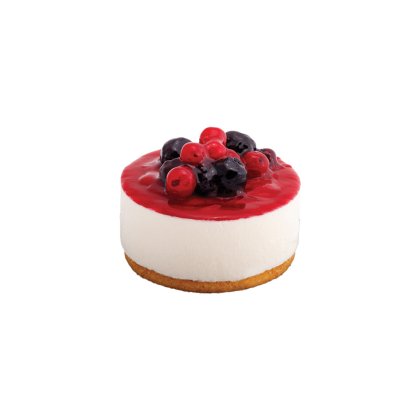 Individual mini cheesecake with a sponge base, white cream filling, and red berry glaze topped with blueberries and c...