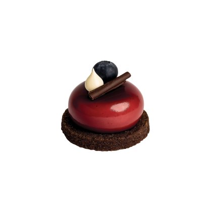 Glossy red mousse dessert on a chocolate crumb base, topped with a blueberry, white chocolate swirl, and chocolate st...