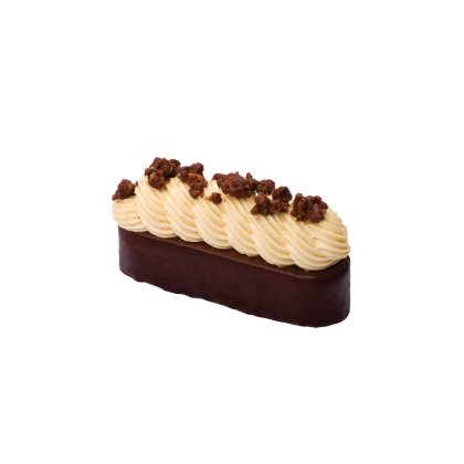 Rectangular pastry with dark chocolate base, piped caramel cream topping, and crunchy praline pieces on white backgro...
