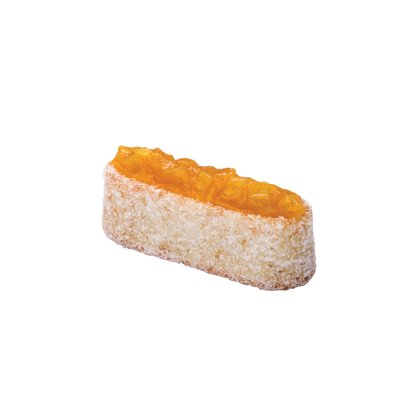 Elongated sponge cake coated in powdered sugar, topped with a layer of orange marmalade, on a white background.