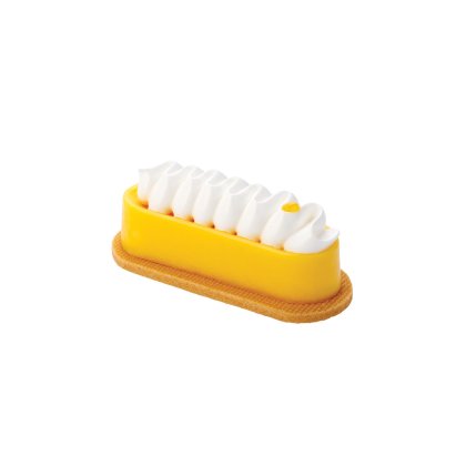Rectangular yellow glazed pastry topped with wavy piped white cream, set on a thin biscuit base, against a white back...