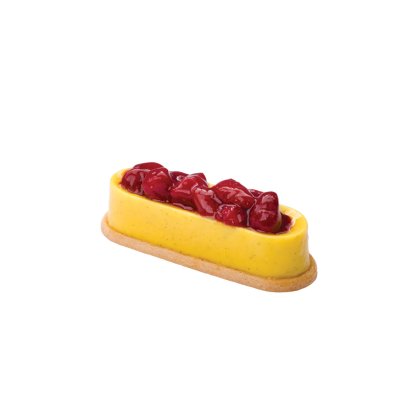 Oblong tart with a glossy yellow custard filling on a shortcrust base, topped with red glazed raspberries.
