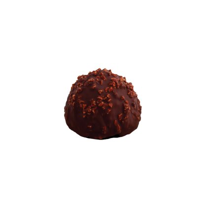 Round dark chocolate truffle coated in crunchy chocolate nibs, set against a plain white background.