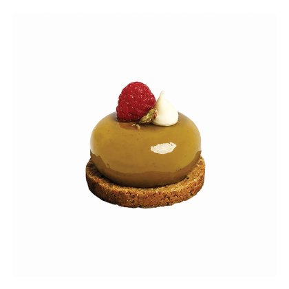 Round dome pastry with glossy caramel glaze on a crumbly biscuit base, topped with a fresh raspberry and dollop of cr...