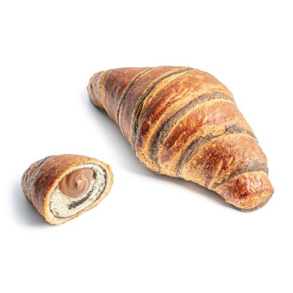 Chocolate-filled croissant with a cut piece in front showing swirled chocolate filling inside flaky pastry, on white ...