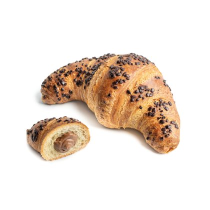 Curved croissant topped with chocolate chips, with a cut piece revealing a chocolate hazelnut filling, on a white bac...