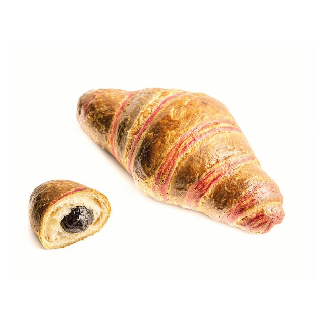 A whole croissant with pink glaze stripes beside a cut half revealing dark berry filling, on white background.