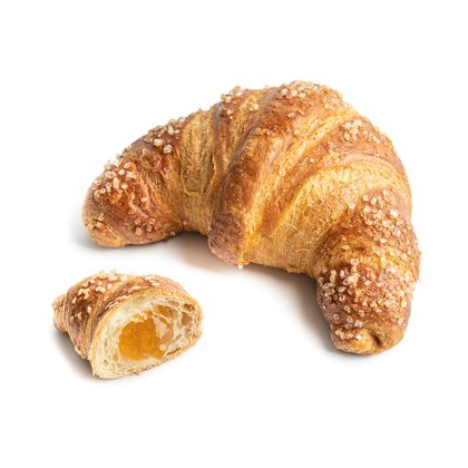 Whole croissant coated in sparkling sugar beside a smaller piece cut open, revealing golden apricot jam filling.