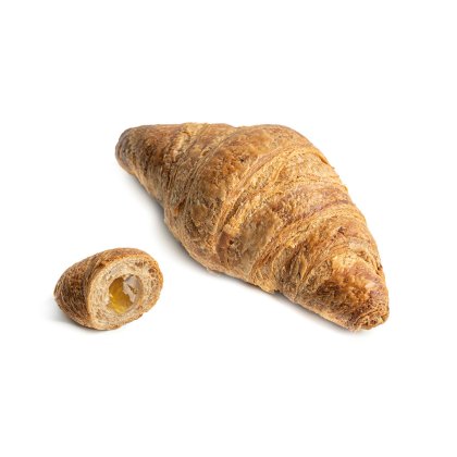 Golden-baked flaky croissant with a small end piece cut off, revealing a soft interior with visible filling.