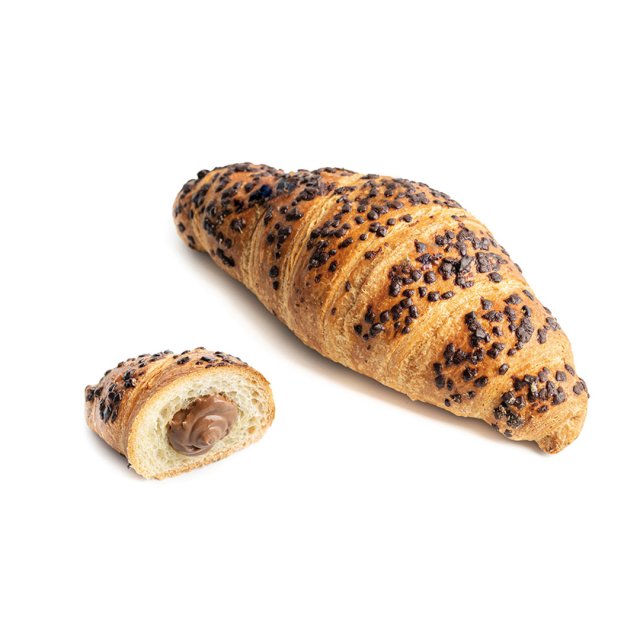 Whole croissant topped with chocolate crumbs beside a cut piece revealing chocolate hazelnut filling on a white backg...