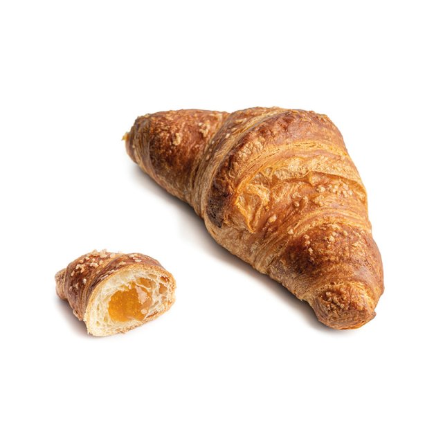 Golden-brown croissant with a smaller piece cut open, revealing apricot filling, on a white background.