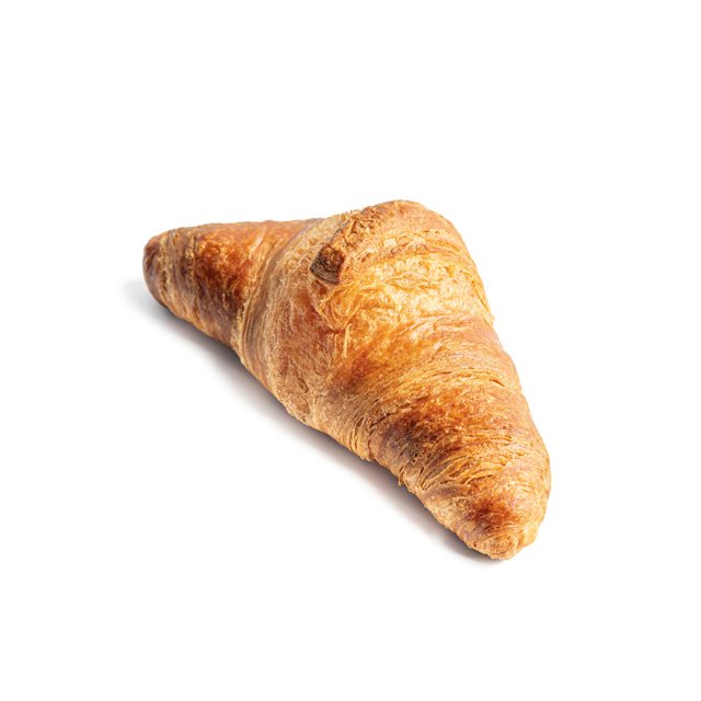 Golden-brown flaky croissant with layered pastry texture, shown on a plain white background.