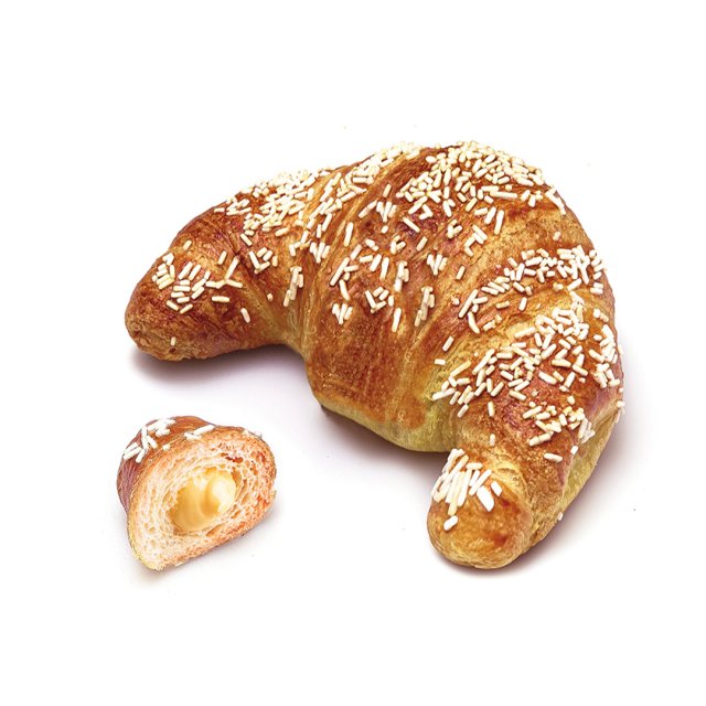 Golden croissant topped with white sprinkles, with a smaller piece cut open showing creamy vanilla filling.