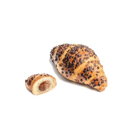 Whole croissant topped with chocolate chips beside a cut piece revealing chocolate hazelnut filling, on a white backg...