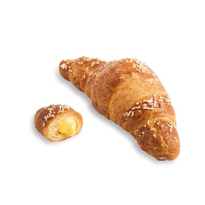 Golden croissant topped with white sprinkles, with a smaller piece cut open revealing creamy yellow filling.