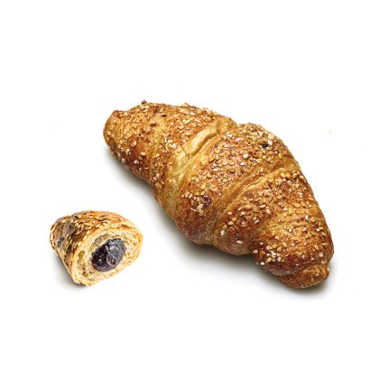 Whole grain croissant topped with sesame seeds beside a bitten piece revealing chocolate filling, on a white background.