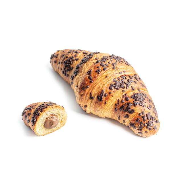 A chocolate chip croissant with a cut piece revealing chocolate hazelnut filling, on a white background.