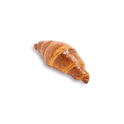 Golden-brown croissant with a glossy, flaky crust, shot against a plain white background.
