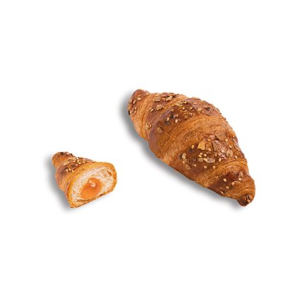 Whole croissant topped with seeds and nuts beside a halved croissant revealing orange fruit filling.