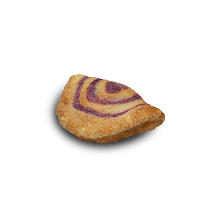 A golden-baked pastry turnover with a purple berry filling swirled across its crimped crust, on a white background.