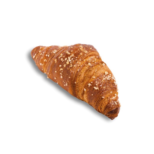 Golden-brown croissant with coarse sugar crystals on top, shot against a plain white background.