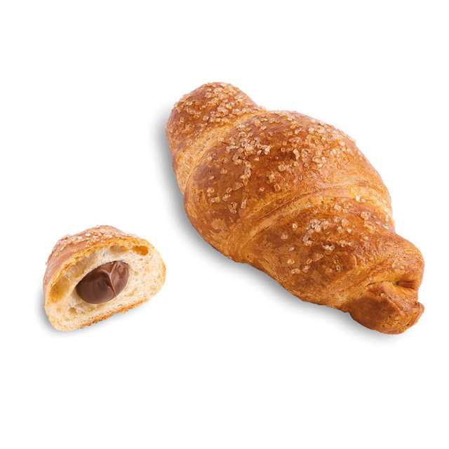 Sugar-topped croissant filled with chocolate, whole and cross-sectioned, on a white background.