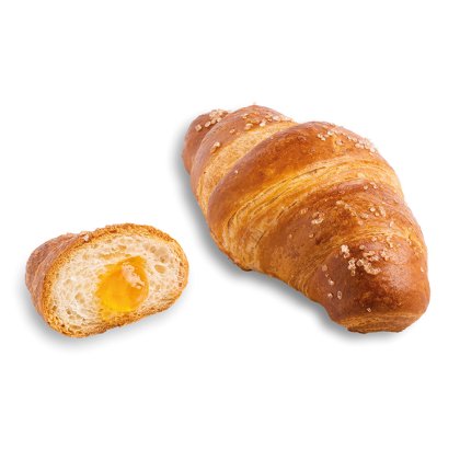 A golden pretzel croissant topped with coarse sugar, shown whole and sliced open revealing apricot jam filling.