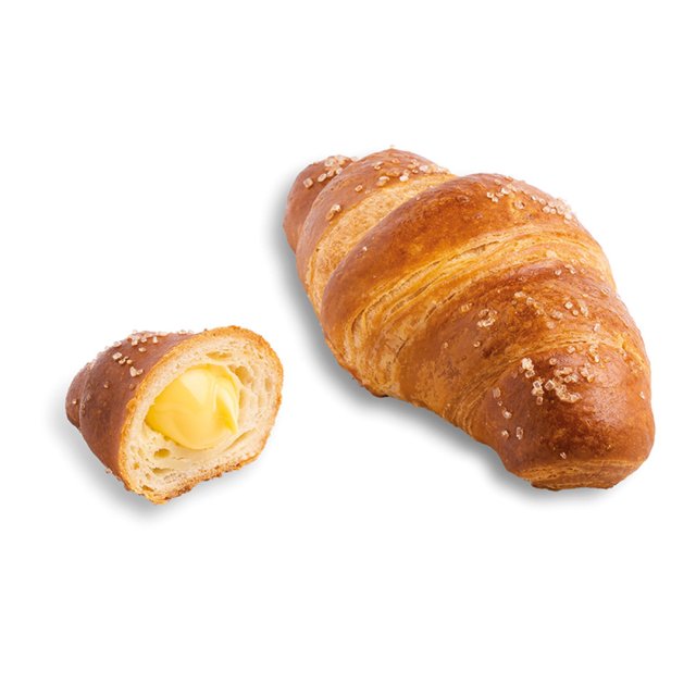 Golden pretzel croissant topped with coarse salt, shown whole and sliced open to reveal creamy butter filling.