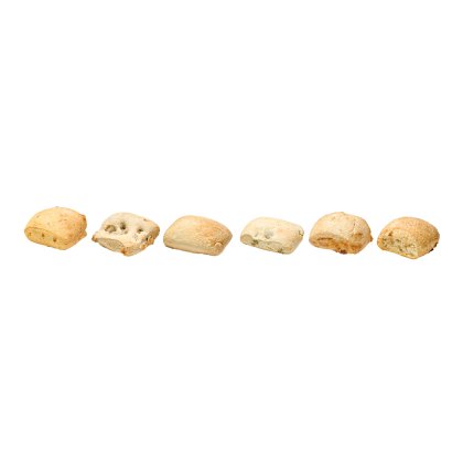 Six small bread rolls with visible flecks of herbs and seasoning arranged in a row on a white background.