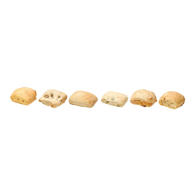 Six small bread rolls with visible flecks of herbs and seasoning arranged in a row on a white background.