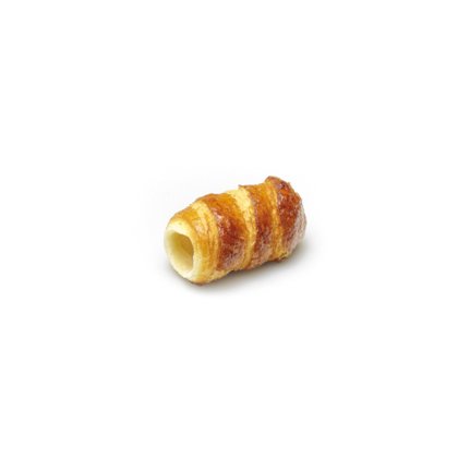 Golden-brown puff pastry horn with a hollow center, isolated on a white background.
