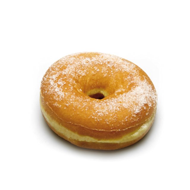 Golden ring donut coated in granulated sugar, isolated on a white background.