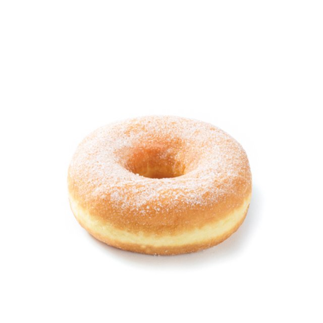 Sugar-coated ring donut on a plain white background.