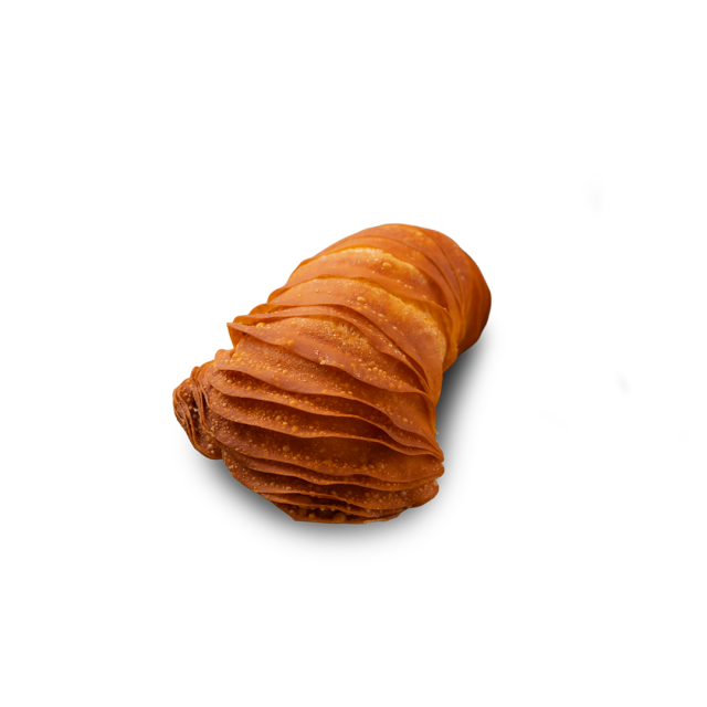 Golden-brown fried pastry roll with layered, ridged texture on a white background.