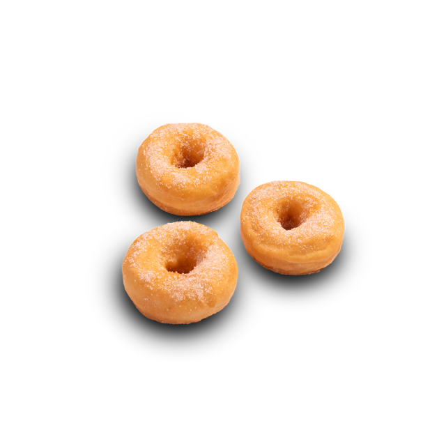 Three sugar-coated mini donuts arranged on a plain white background.
