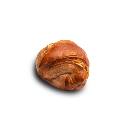 A golden-brown flaky croissant with a curled shape, shown against a plain white background.