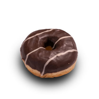 Chocolate-glazed donut with three thin white icing stripes, set against a plain white background.