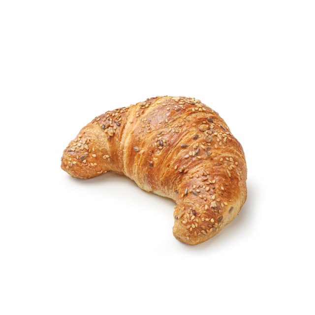 Golden-brown croissant topped with mixed seeds, curved into a crescent shape on a white background.