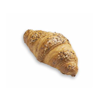 Golden flaky croissant topped with mixed sesame and poppy seeds, shown on a plain white background.