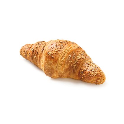 Golden-baked multigrain croissant topped with seeds and oats, shown on a plain white background.