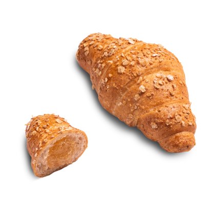 Whole grain croissant topped with oat flakes, next to a smaller piece sliced open showing apricot filling.