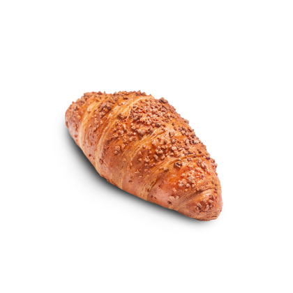 Golden-brown croissant topped with crunchy nut crumbs, isolated on a white background.