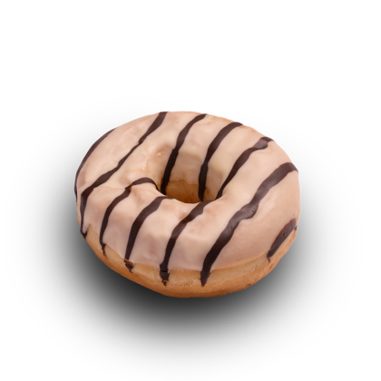 Glazed donut with thin chocolate drizzle stripes, set against a plain white background.