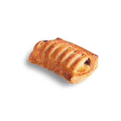 Golden puff pastry with decorative slits, filled with fruit filling, on a white background.