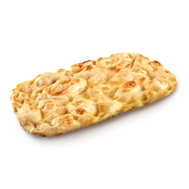 Rectangular flatbread with a golden-brown dimpled crust, isolated on a white background.