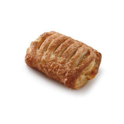 Golden-brown puff pastry with sliced top vents, sugar-coated crust, on a white background.