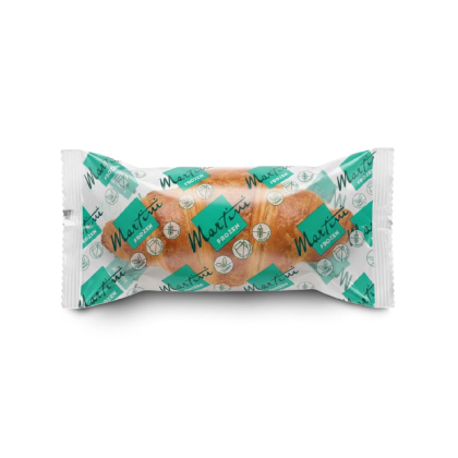 A croissant wrapped in clear plastic packaging with a repeating teal "Martini Frozen" logo pattern, shown on a white ...