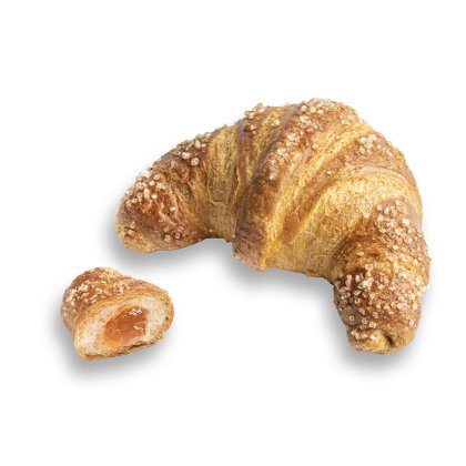 Golden croissant coated in coarse sugar, with a smaller piece cut open revealing apricot filling.